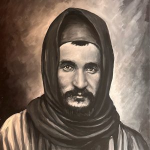 The Sage of Bab Sbaa — portrait of a hooded elder in ivory and umber, at the old gate of Essaouira