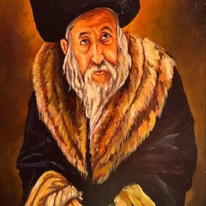 The Hakham of Mogador — portrait of an elderly Moroccan Jewish sage in a black fur hat, by Abdelhamid Kalmoun