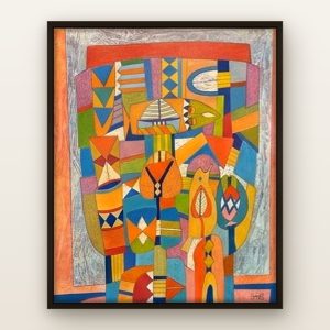 Totem in Orange and Blue by Abdelhamid Kalmoun, framed